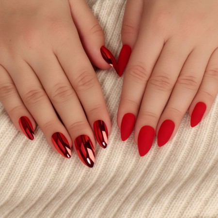 Patch nails, 12 pcs, with glue plates, almonds, red-6