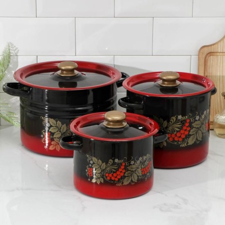 Set of pots "Ryabinka", 3 subjects: 3.5/5.5/8 l, enameled covers, induction