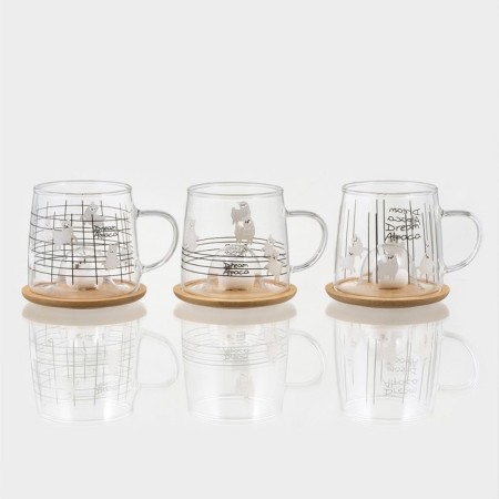 Glass mug with a wooden lid "Lama", 300 ml, Mix drawing