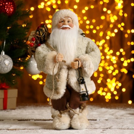 Santa Claus "in a white fur coat, with a flashlight and a bag" 30 cm