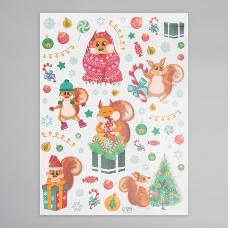New Year sticker interior color "Squirrels with gifts" 30x40 cm-2