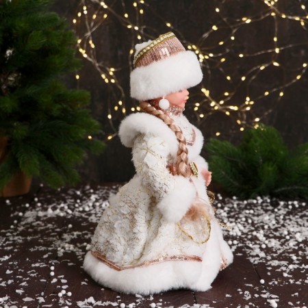 Snow Maiden "In a fur coat with sequins and a scythe" moves, 30 cm, beige-white-1