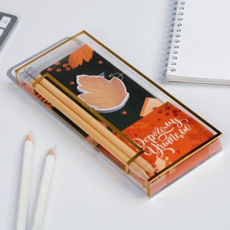 Set of "Dear Teacher": a block with tear -off sheets of 50 sheets, sticker 30 sheets, pencils 2 pcs-1