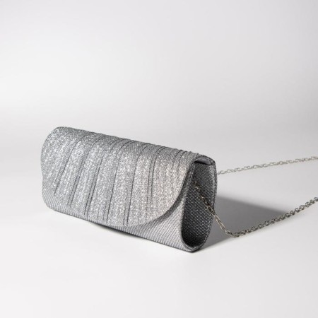 Female bag, valve department, long chain, silver color