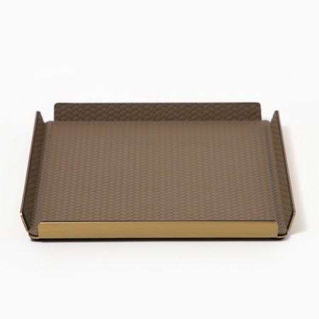 Metal tray, square eco -leather, 12 x 12 cm, brown color,-4