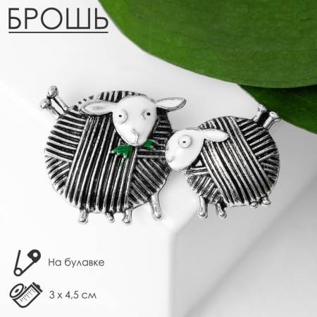 Brooch "Sheep pair", white color in black silver