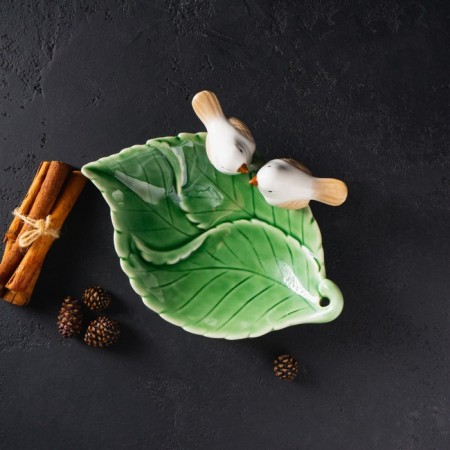 Ceramic dish "Birds on a leaf", 19 × 13 × 4 cm, green color-6