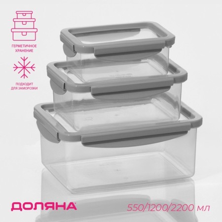 Набор ланч - боксов Доляна, 3 шт, 550 мл, 1,2 л, 2,2 л, цвет серый