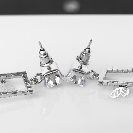 Earrings with rhinestones "flutter" butterflies in a rectangle, white color in silver-2