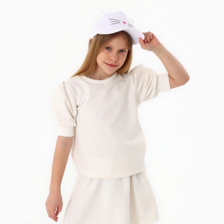 Baby cap for a girl "cat", with ears, color white rr 52-54 5-7 years-12