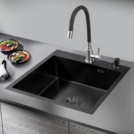 Kitchen sink "RMS" MR-5050BL, mortise, thickness 3.0 and 1 mm, basket, dispenser, graphite-2