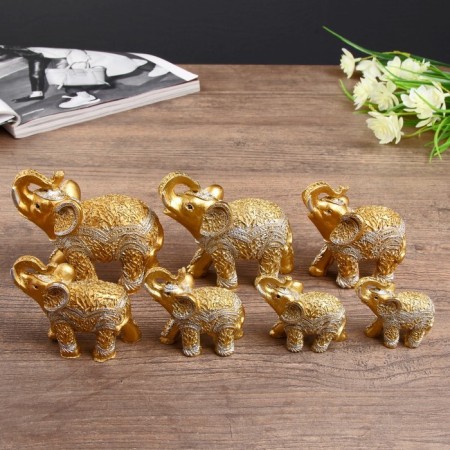 Souvenir Polystone "Golden Elephants - Roots of Trees" Nr 7 pcs H = 9; 8.5; 7.7; 6.5; 6.2; 5.4; 4.2 cm