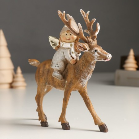 Souvenir Polystone "Baby-Angel in a gray outfit, riding on a deer" 5.5x14x14.5 cm-4