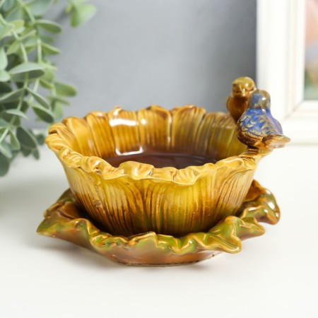 Ceramics candlestick for 1 candle "Birds on the flower" D-8 cm 14x14x8 cm-4