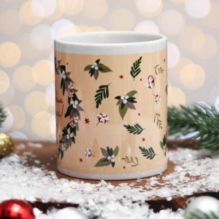Mug "Happy New Year!" Flowers, beige background, 320 ml-1