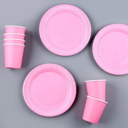 Set of paper dishes is disposable: 6 plates, 6 glasses, pink color-2