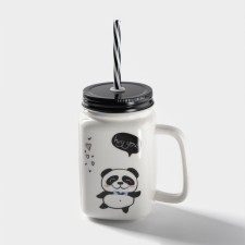 Ceramic mug with a metal lid and panda tube, 420 ml, MIX drawing