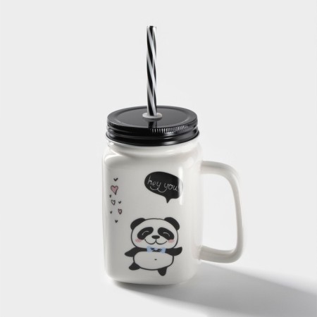 Ceramic mug with a metal lid and panda tube, 420 ml, MIX drawing