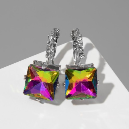 Earrings with rhinestones "Square" Flying, white-Benzine color in silver-2