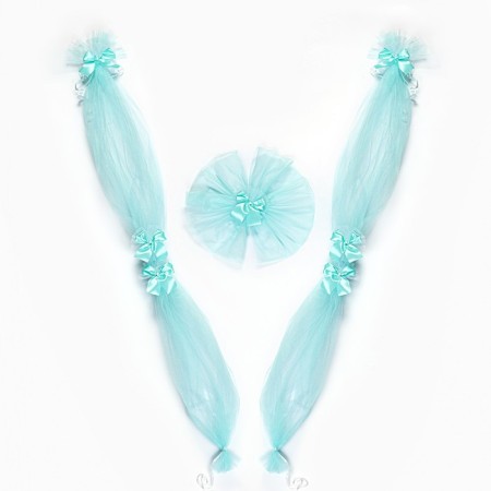 A set for decorating a car from tulle: 2 tapes per hood, 1 bow on a radiator, 4 bow on pens, turquoise-3