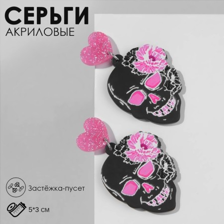 Acryl Earrings "Skulls" flowers and hearts, black-pink color in silver