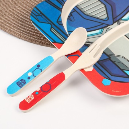 A set of children's bamboo dishes, 4 objects: plate, fork, spoon, glass, transformers-2