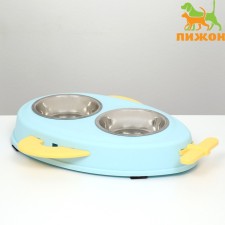 Metal dual bowl on a plastic base 34 x 28 x 5 cm, blue