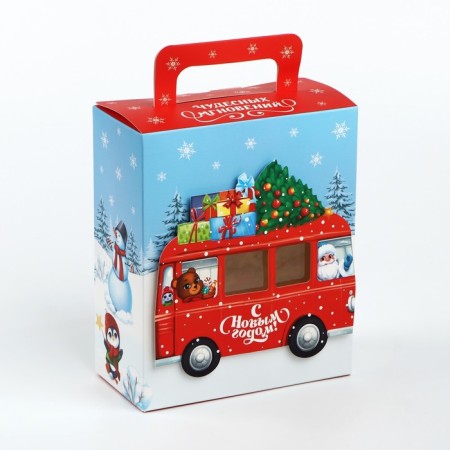 Gift box New Year's Folding with 3D effect "New Year's bus", 18 x 15 x 7.5 cm, New Year-1