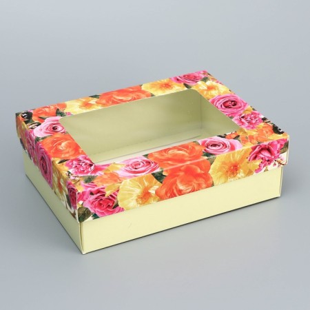 The box is folding, the lid is, "flowers", 16.5 x 12.5 x 5.2 cm with a window-1