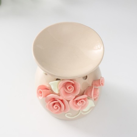 Aroma lamp ceramics "Pink roses with leaves" Beige 7.5x7.5x9 cm-4