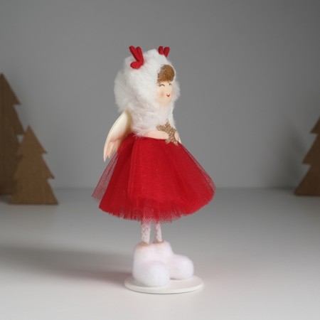 Interior doll "Angel in a red dress in a hat with deer horns" 5x5.5x16.5 cm-1