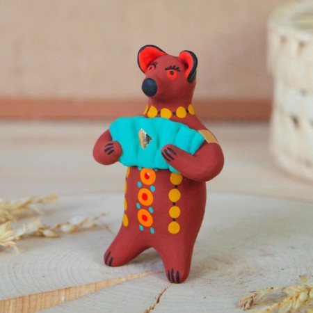Dymkovo toy "Bear with a flower, with a rooster, with harmony", 11 cm, mix-5
