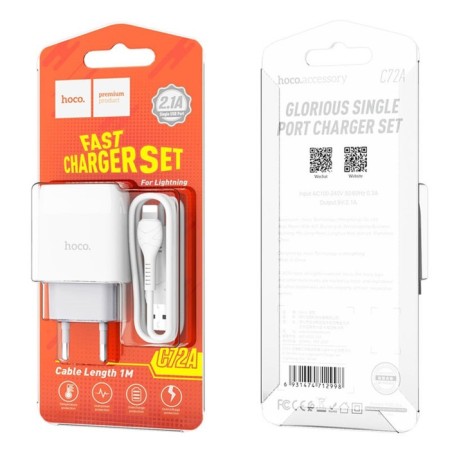 Network charger Hoco C72A, 1 USB, 2.1 A, Lightning cable - USB, 1 m, white-7