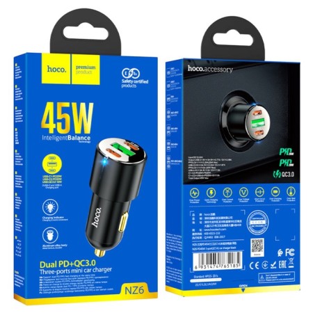 Hoco NZ6, 2 Type-C, 1 USB, 63 W, PD + Qc, Black Automobile-7