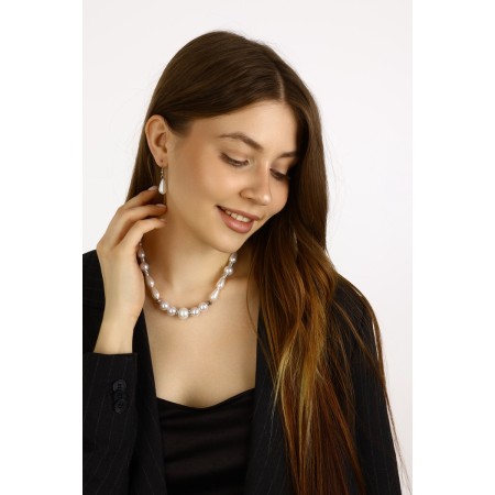 Set 2 objects: earrings, beads "pearl thread", white color in silver, 45 cm-1