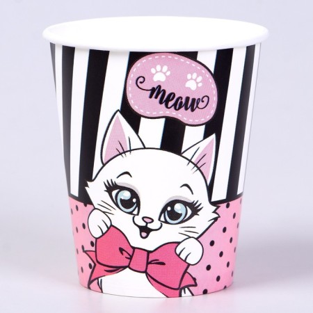 A set of paper dishes with masks "cat": 6 plates, 6 glasses, 6 masks-6