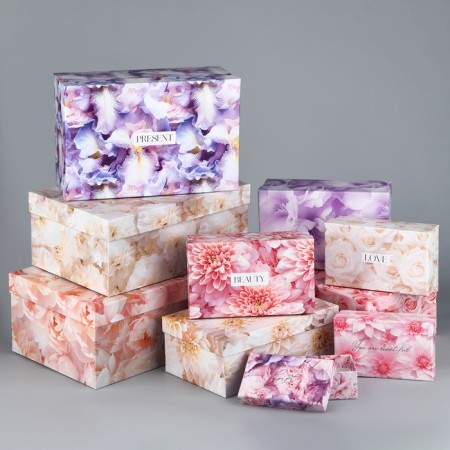 A set of boxes 10 in 1, gift packaging, “flowers”, 12 x 7 x 4 - 32.5 x 20 x 12.5 cm-1