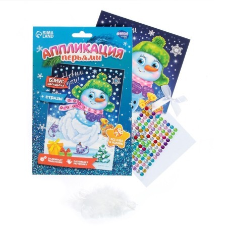 Application for the New Year with feathers and rhinestones "Snowman", New Year's set for creativity-1