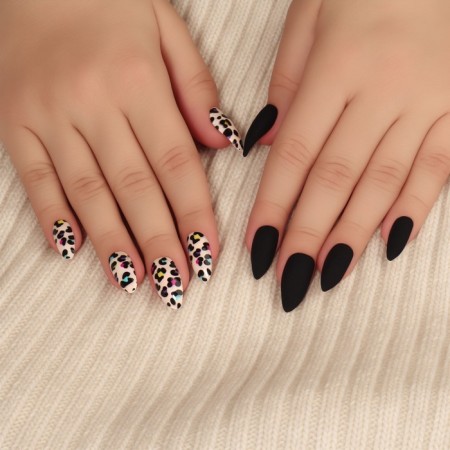 Leo patching nails, 12 pcs, with glue plates, almond shape, black, beige-6