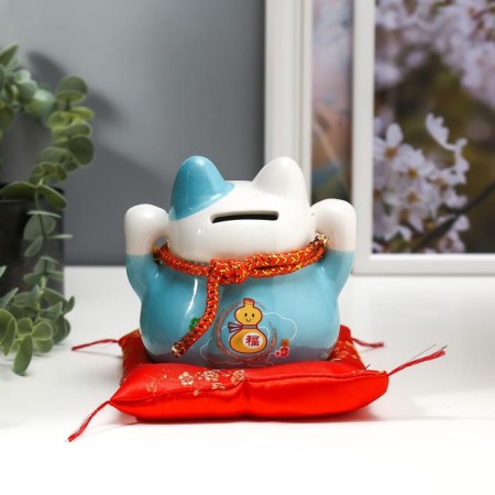 Souvenir Ceramics Pigger "Blue Cat Mani-Neko with bells" 11.5x11.5x9.5 cm-3