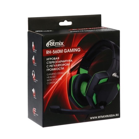 Ritmix RH-560M Gaming headphones, game, full-size, microphone, 3.5mm, 1.8 m, black and green-6