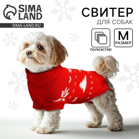 Clothing for dogs. Knitted sweater with "New Year" ornament, red, size m