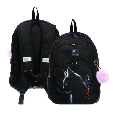 Youth backpack, 42 ​​x 31 x 13 cm, ergonomic back, Stavia "Shiny Cat", black