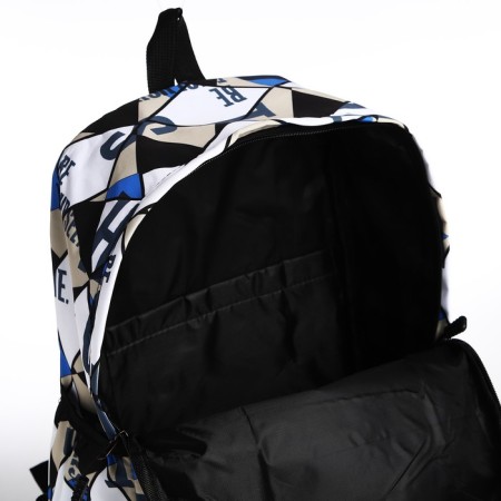 A backpack with a zipper, 3 outer pockets, black/blue/beige color-5