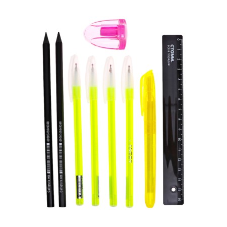 Cleaning set 10 objects (pencil case 65 x 210 mm, pens 4 pieces Blue, ruler 15 cm, sharpener, pencil 2 pieces, textbook), gray-7