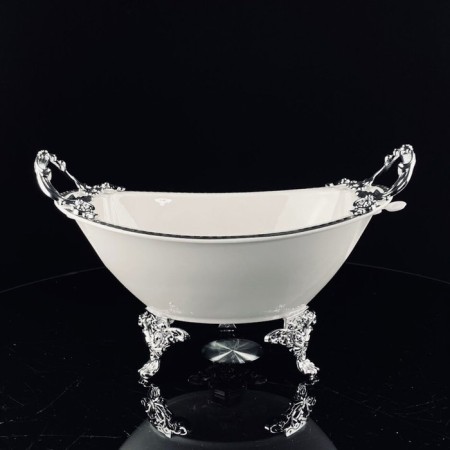 Deep dish with Lenardi Atlantis handles, on legs, porcelain, length 30.5 cm