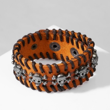 Bracelet Skin "Skull" with bones, brown color with silver, 20 cm-1