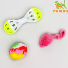 A set of toys for cats: dumbbell 11 cm, mouse 4 cm and ball 4 cm, mix of flowers