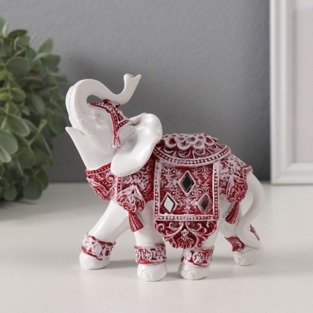 Souvenir Polystone "White Elephant. Burgundy Popon with Flower and Straza" Right 12x6x12 cm
