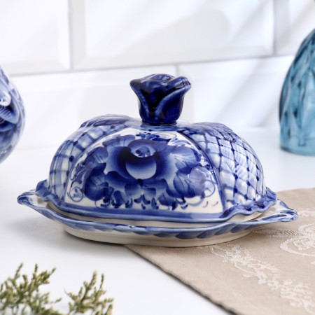 Gzhel Maslek "Rose", white-blue, ceramics, 11 × 18 cm,-1